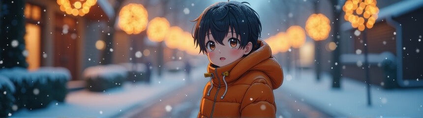 Anime character in orange jacket standing in snow covered street
