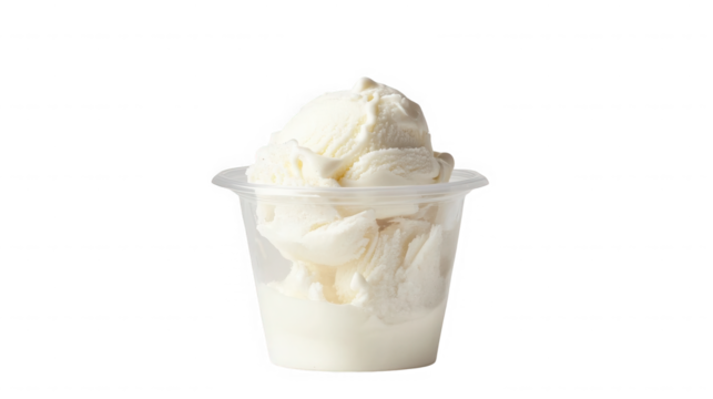 Refreshing vanilla ice cream in a clear plastic cup isolated on transparent background