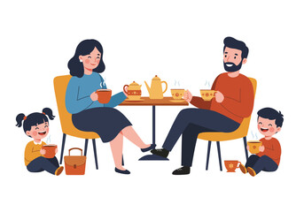 Happy family of four enjoying tea together cheerfully. Suitable for lifestyle blogs, familyoriented advertisements, and relaxingthemed designs.