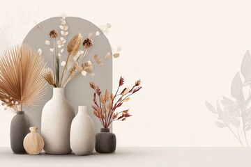 Minimalist Boho Floral Arrangement: a collection of neutral-toned vases featuring pampas grass, sprigs, and leaves in a minimalistic and elegant scene, representing a soft, artistic aesthetic.