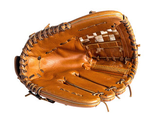 A close-up shot showcasing a brown leather baseball glove, worn, with lace details