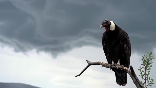 Majestic andean condor perched on branch against stormy sky