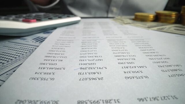 Accountant analyzing business marketing data on paper dashboard at office table. Corporate finance and money accounting concept.