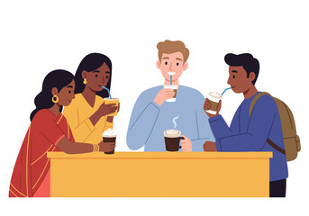 Four friends enjoying drinks together, socializing and having fun, great for lifestyle, friendship, and leisure concepts. Perfect for social media.