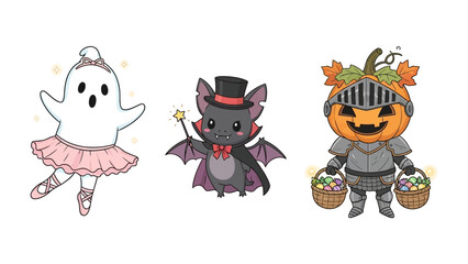 Whimsical Halloween Characters: A collection of adorable cartoon characters ready to celebrate Halloween. Featuring a charming ghost ballerina, a dapper vampire bat, and a festive pumpkin knight.