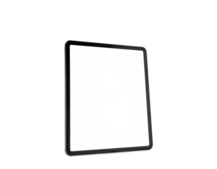 Floating angled tablet with blank screen, black bezel, against black background