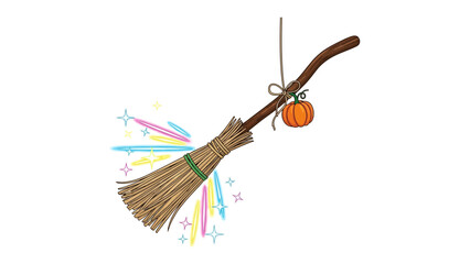 Mystical Broomstick: An enchanting illustration of a traditional broomstick, adorned with a whimsical pumpkin decoration and trailing magical sparkles. It exudes an atmosphere of fantasy and wonder.