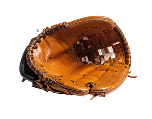 A well-worn leather baseball glove, open, displaying the pocket