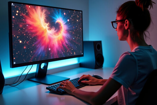 A Graphic Designer's Creative Workspace: Close-up Shot of Sleek Modern Computer Displaying Abstract Digital Art