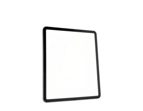 Floating angled tablet with blank screen, black bezel, against black background - Powered by Adobe
