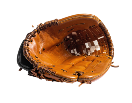 A well-worn leather baseball glove, open, displaying the pocket