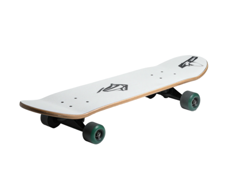 White skateboard with black wheels and deck markings, angled against a dark backdrop