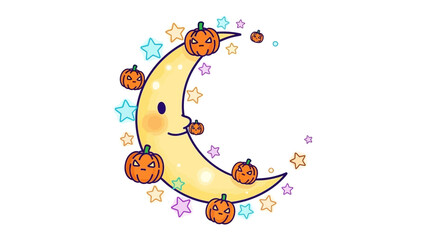 Halloween Crescent Moon: A whimsical crescent moon adorned with mischievous pumpkins and twinkling stars evokes the magical spirit of Halloween. 