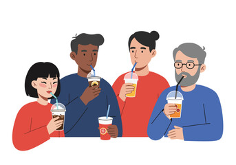 Four friends enjoy vibrant drinks with straws in a lively vector graphic perfect for summer party invitations or beverage ads.
