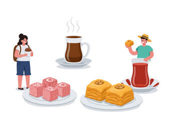 People savoring tea and turkish delights in a beautiful illustration perfect for travel blogs, food magazines, or cultural websites.