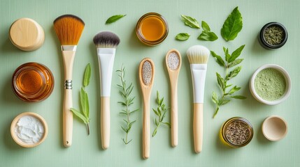 Natural beauty tools and ingredients laid out on a green background for skincare and self-care routines