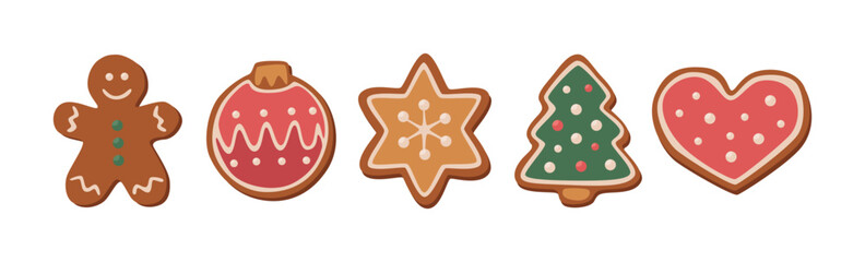 Fünf Weihnachtsplätzchen in einer Reihe: Lebkuchenmann, Weihnachtskugel, Stern, Baum und Herz