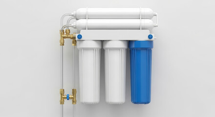 Water filtration system with three white filters and one blue filter, showcasing plumbing connections and modern design for clean drinking water solutions