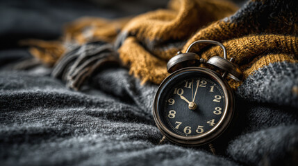 Vintage alarm clock cozy blanket warm knit soft texture bedtime routine evening light calm mood home interior. Vintage alarm clock soft knit