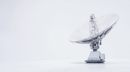 Large satellite dish on a snowy landscape capturing signals during winter weather in a remote location