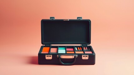 Makeup kit opened on a soft pink background showcasing a variety of colors and tools for beauty enthusiasts and professionals
