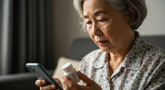 Elderly woman using smartphone to check medication information - Powered by Adobe