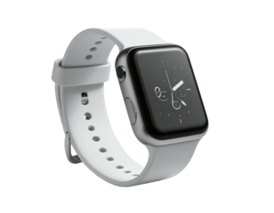 Modern smartwatch with a white strap displaying a minimal clock face, angled