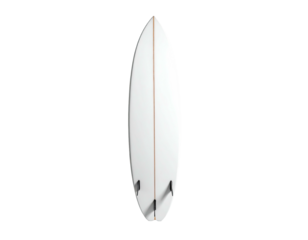 Vertical shot of a sleek, white surfboard with two fins against a black backdrop