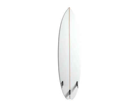 Vertical shot of a sleek, white surfboard with two fins against a black backdrop