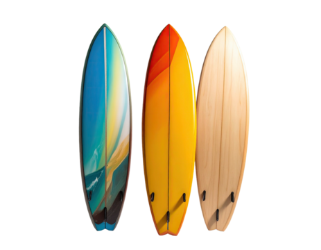 Three surfboards, each unique, display vibrant colors against a black background