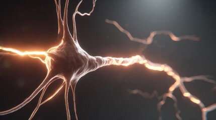 Nerve cell neuron detail:A high-tech look at a nerve cell, highlighting its key features, detailed processes, and intricate internal structure, set against a dark background.