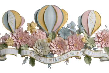 Floral Display with Pastel Hot Air Balloons and Vintage Banner on Transparent Background Pink Peach and Blue Flowers Botanical Still Life with Festive Decorative Elements in a Delicate Elegant