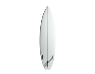 Overhead shot of a white surfboard with three fins against a black background