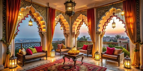 Obraz premium Luxurious Indian balcony lounge with ornate arches, lanterns, and sunset view.