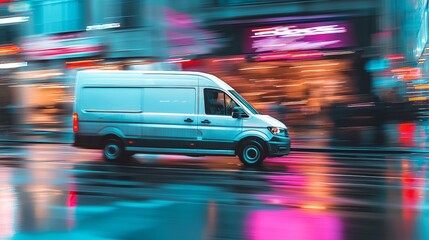 Delivery van speeds through a busy city street on a rainy evening with vibrant lights reflecting on the wet pavement