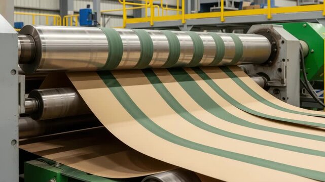 Close up of a slitter rewinder machine cutting paper into rolls, showcasing industrial manufacturing and precision engineering in a factory setting ai generated vedio