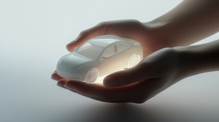 Hands holding a glowing model car demonstrating innovation in automotive technology