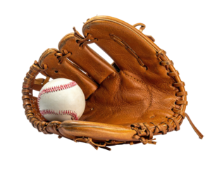 Baseball glove with ball, isolated on black. Leather texture, white baseball, red stitching