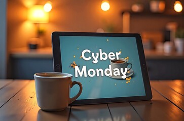 Tablet and Coffee on Table with Cyber Monday Sign Promotion