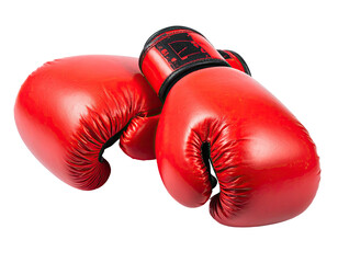 Close-up of two vibrant red leather boxing gloves, one atop the other