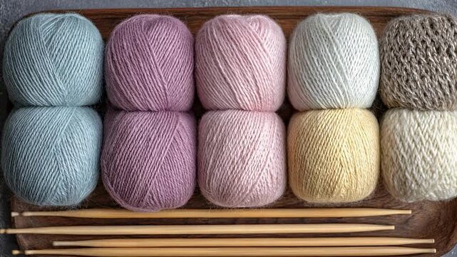 A wooden tray with ten pastel-colored skeins of yarn arranged in two rows, and five knitting needles resting beneath.