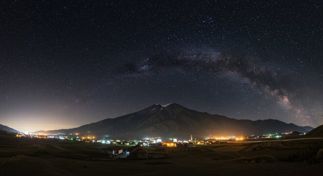 Panoramic night view of mountain and small town under starry sky landscape