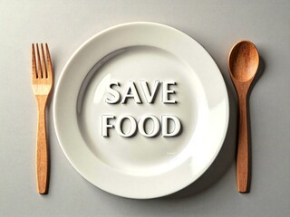 White Plate with Wooden Cutlery and Text Save Food Concept