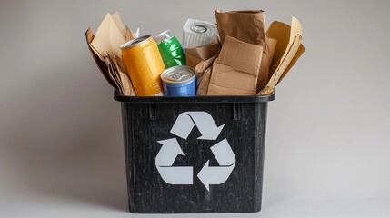 Recycling bin filled with assorted materials including empty cans and cardboard at an indoor setting