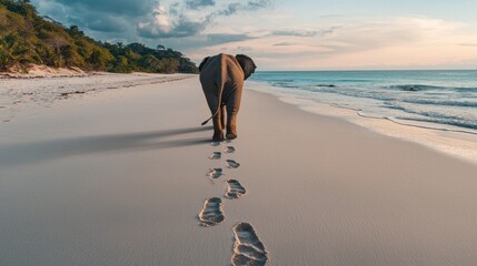 Elephant walking along a serene beach at sunset, leaving footprints in the sand
