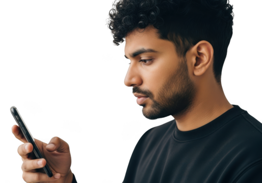 Man looking at his phone isolated on transparent background
