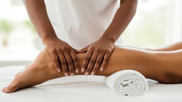 Closeup of a therapists hands massaging a womans leg on a white towel in a spa, promoting relaxation and wellbeing in a serene and tranquil environment ai generated vedio