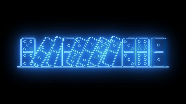A line of blue neon dominoes falling in sequence against a dark background, symbolizing concepts of consequence and chain reactions