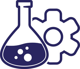 Vector illustration of laboratory flask with liquid beside a gear symbol. Concept of science, research, chemistry, technology, innovation, and experiment design.