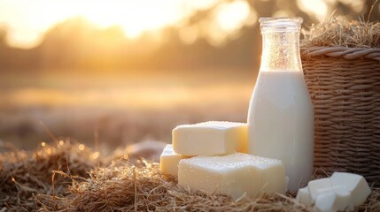 Freshly harvested milk and homemade soap displayed on straw at sunset
